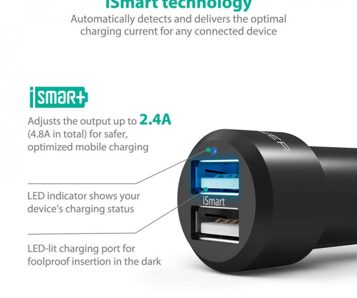 Автомобильная зарядка RAVPower Metal Dual USB Car Charger 24W 4.8A with iSmart 2.0 Charging Tech